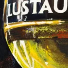 Close-up of a painted Lustau sherry glass with vibrant acrylic details and precise lettering against a dark backdrop
