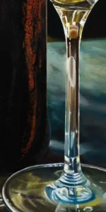 Elegant oil painting detail of a wine glass stem with reflective light and shadow play, set against a textured acrylic backdrop in the bottle