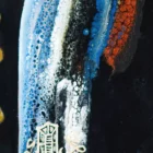 Acrylic pouring detail on Lustau wine bottle painting with vibrant cells and textures contrasting with crisp lettering