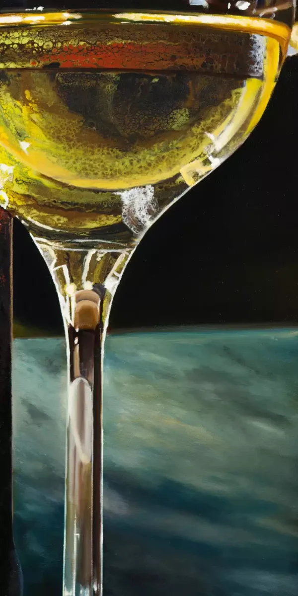 Oil and acrylic painting close-up of amber sherry with dynamic textures in a glass, embodying hybrid fluid realism