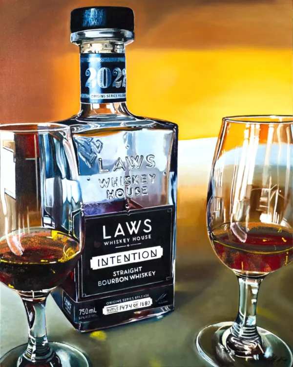 Hybrid fluid realism painting of LAWS Whiskey House's Intention Straight Bourbon Whiskey bottle with two filled glasses.