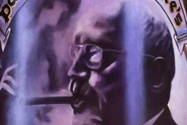 Close-up detail of a Pappy Van Winkle portrait on a bourbon bottle in a hybrid fluid realism painting.