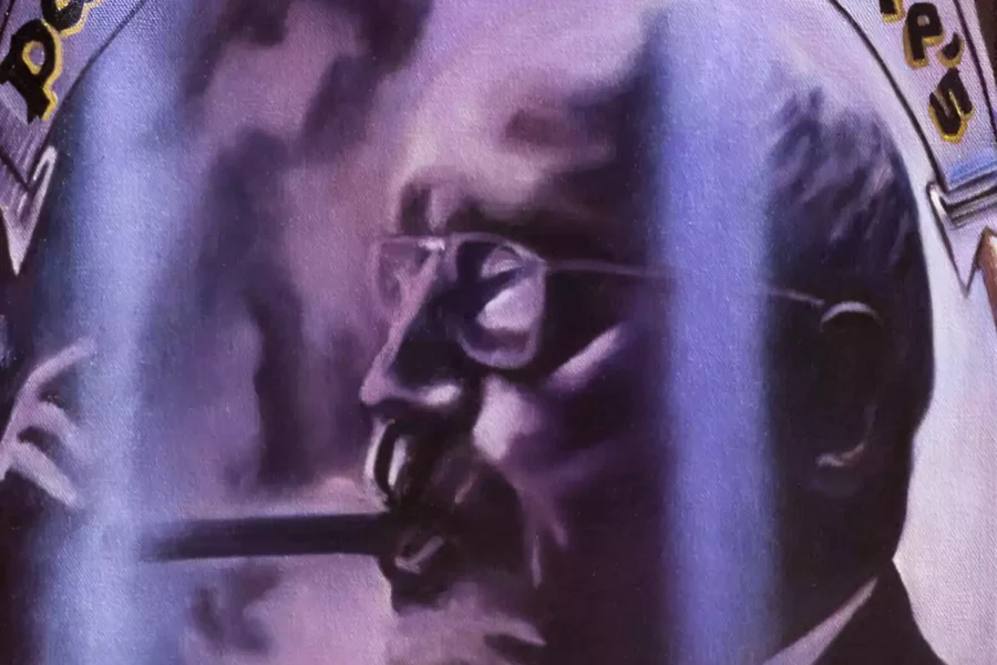 Close-up detail of a Pappy Van Winkle portrait on a bourbon bottle in a hybrid fluid realism painting.