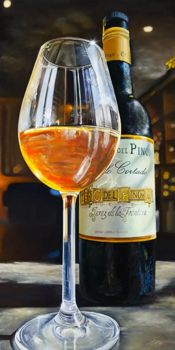 A glass of sherry and a bottle of Cayetano del Pino Palo Cortado Solera on a table at Gallo Azul in Jerez, Spain, with warm sunlight casting a golden glow