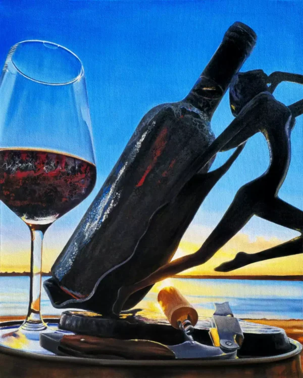 A painting of a wine bottle and glass of red wine set against a glowing sunset over calm water, with warm reflections of the setting sun enhancing the rich color of the wine. The painting captures a serene, peaceful moment of unwinding at dusk.